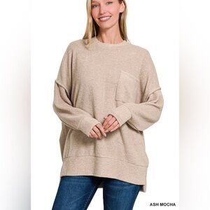 Zenana Hacci Oversized Boxy Brown Soft Sweater relaxed slouchy fit Size L / XL